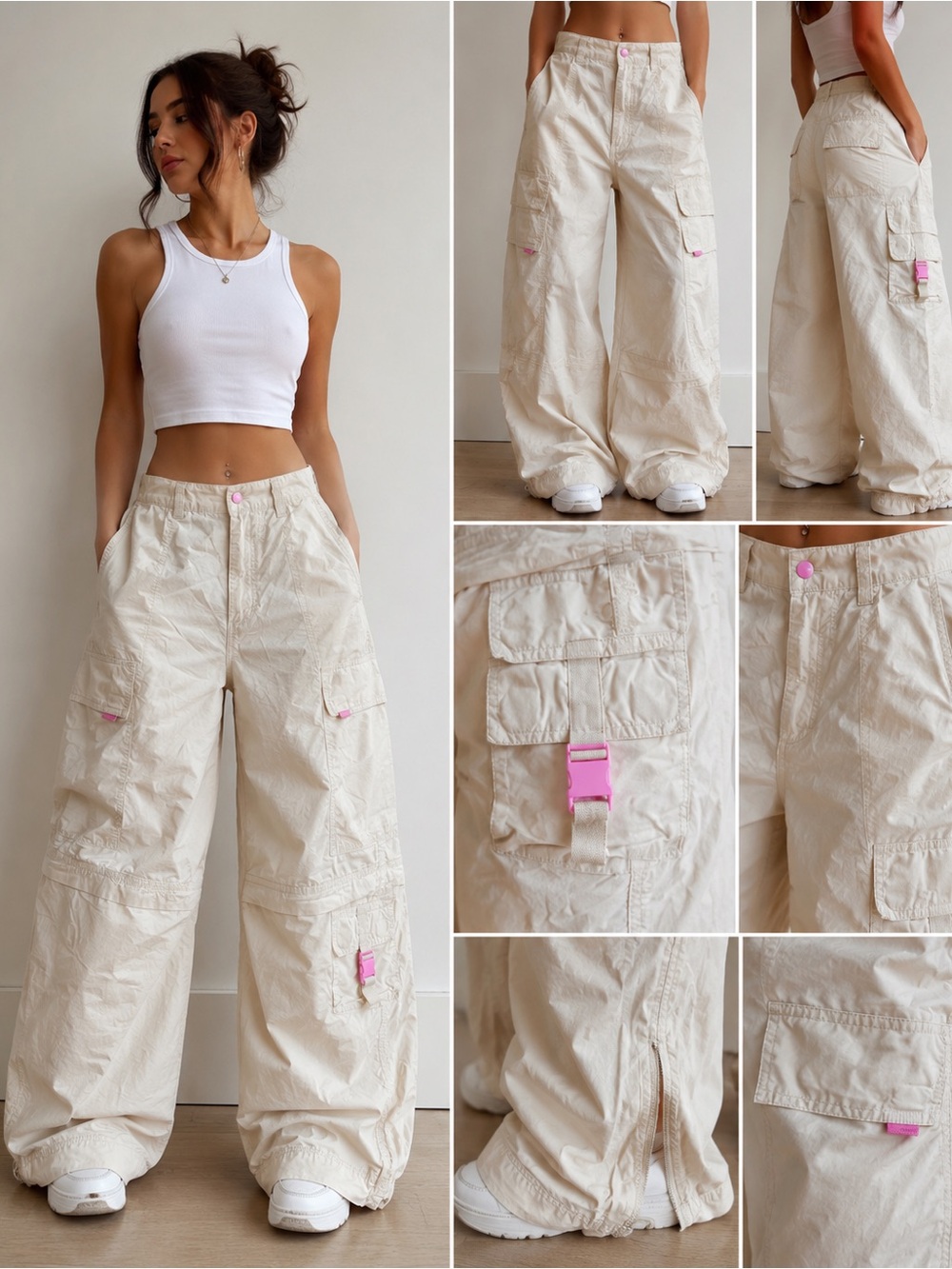 Urban Outfitters Wide Leg Cargo Pants in Off-White with Pink Accents